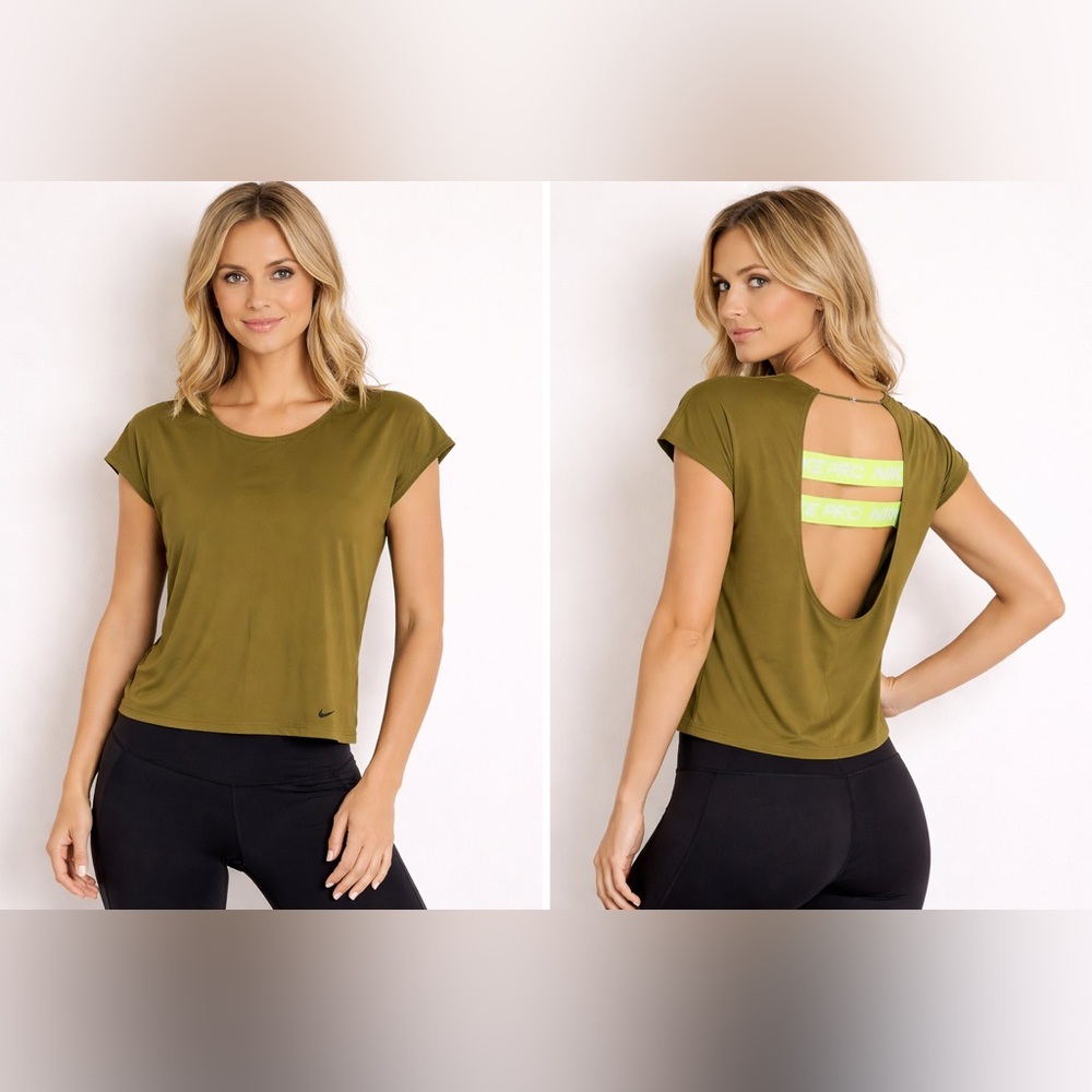 Nike pro size XS dark olive and lime green cutout back banded EUC workout top